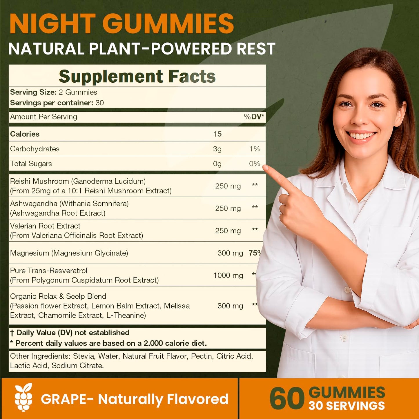 Night Gummies – Melatonin-Free, Reishi, Ashwagandha, Valerian, Magnesium, Resveratrol & Relaxing Botanicals – Supports Evening Calm