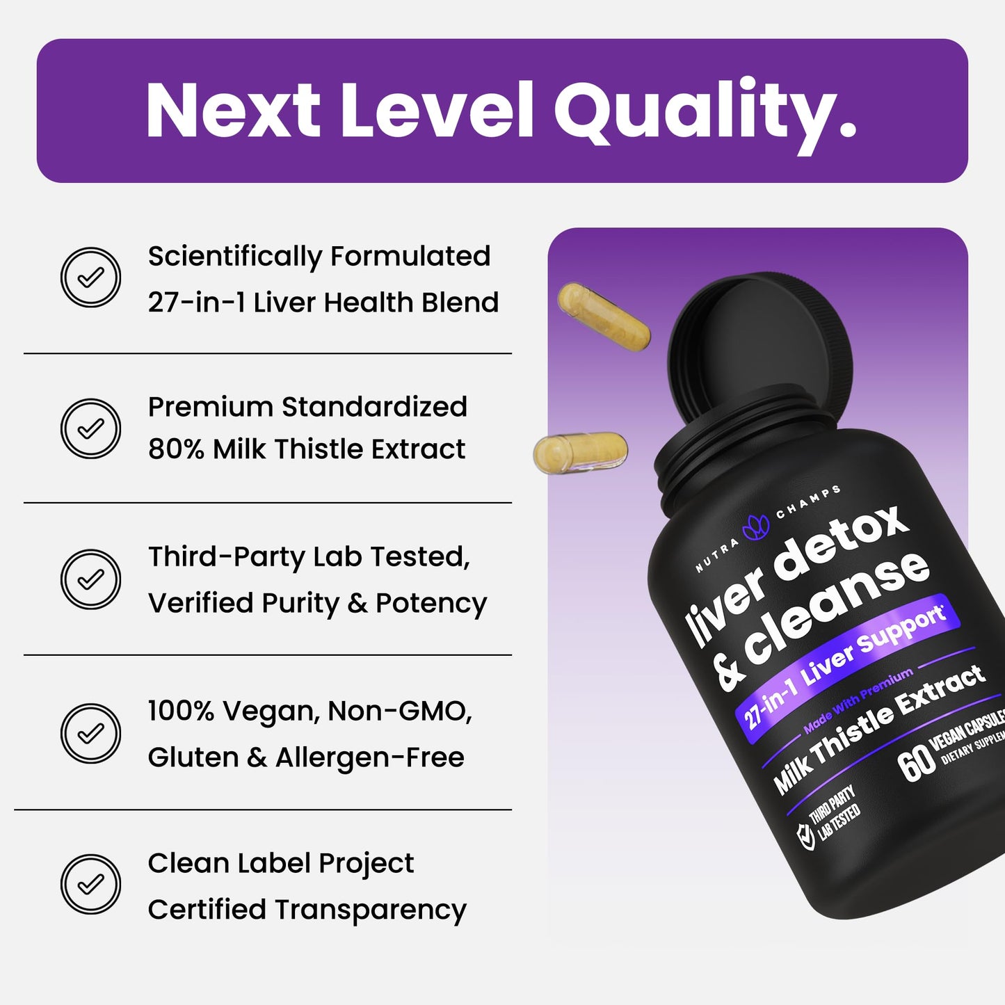 NutraChamps Liver Cleanse Detox & Repair Formula, 20+ Herbs: Milk Thistle Extract with Silymarin, Artichoke, Dandelion, Chicory Root Powder,