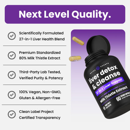 NutraChamps Liver Cleanse Detox & Repair Formula, 20+ Herbs: Milk Thistle Extract with Silymarin, Artichoke, Dandelion, Chicory Root Powder,