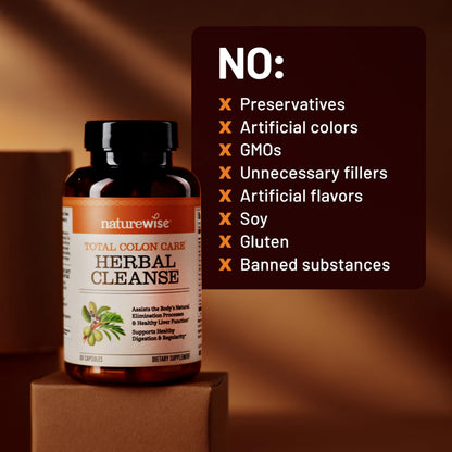 Naturewise Total Colon Care Herbal Cleanse - With Prebiotics, Botanicals, & Antioxidants - for Regular Bowel Movement, Digestion, Gut Health - Vegan, Gluten-Free