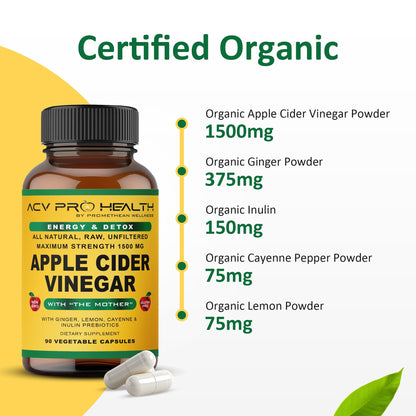 Promethean Wellness 2-PK (180 Count) ACV Pro Apple Cider Vinegar Capsules Certified Organic with Mother ACV Pills Detox Cleanse Acid Reflux Relief Support Supplement