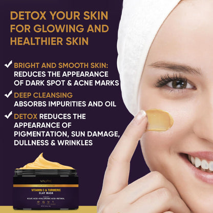 VALITIC Vitamin C & Turmeric Clay Mask - Dark Spot Corrector with Kojic Acid, Hyaluronic Acid & Retinol - Skin Care Routine for Minimizing Pores