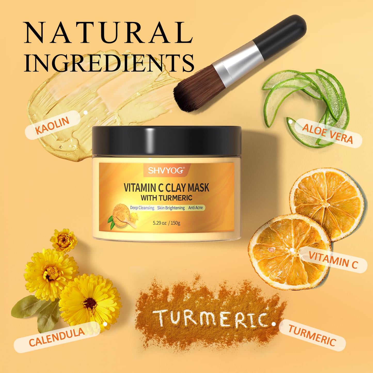 SHVYOG Turmeric Vitamin C Clay Mask with Kaolin Clay for Dull & Blemish-Prone Skin, Deep Cleansing Facial Mask, Face Masks Skincare for Controlling Oil