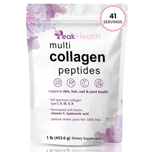 Multi Collagen Peptides Powder, 1 Pounds collagen powder- Type I,II,III,V,X with Biotin 10000mcg, Hyaluronic acid powder, Vitamin C - Unflavored Collagen Protein Powder