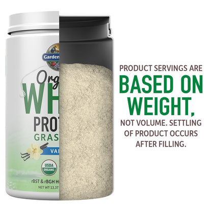 Garden of Life Grass Fed Whey Protein Powder Vanilla - 21g Protein for Women & Men + Probiotics - 12 Servings - Gluten Free, Non GMO, Kosher, Humane, RBST & rBGH Hormone Free