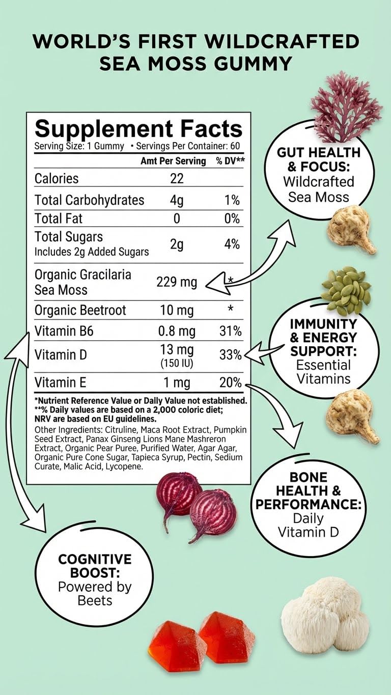 BDE Wildcrafted Sea Moss Gummy Maca Root, Beets, Lions Mane Mushroom, Vitamin D + E - Vegan Collagen, Zinc