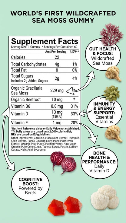 BDE Wildcrafted Sea Moss Gummy Maca Root, Beets, Lions Mane Mushroom, Vitamin D + E - Vegan Collagen, Zinc