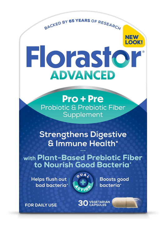 Florastor Advanced Pro+Pre Daily Probiotic and Prebiotic Supplement for Women and Men, Boosts Good Bacteria, Saccharomyces Boulardii