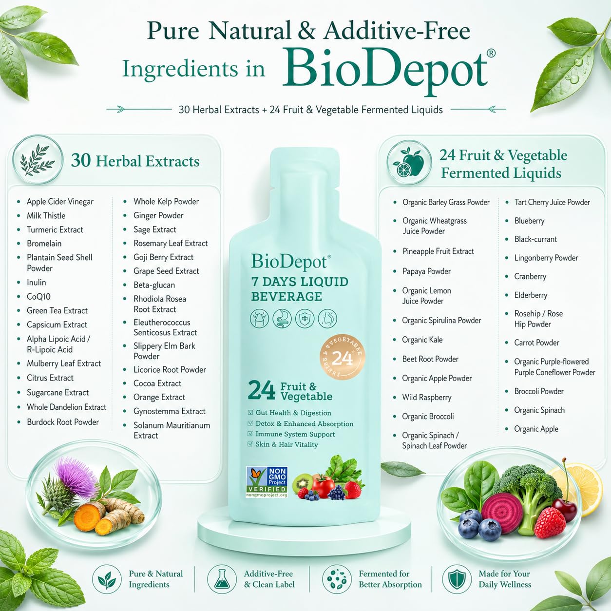 Biodepot 7 Days Colon Cleanse Liquid Beverage Gut Health Detox & Clean for Women & Men, 24 Fruit Vegetable Complex Probiotic Drink for Bowel Movements,