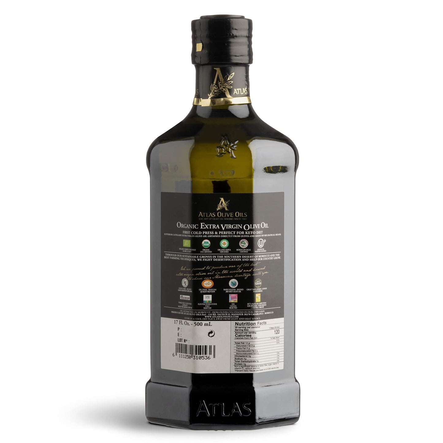 Atlas Organic Cold Pressed Moroccan Extra Virgin Olive Oil, Polyphenol Rich | EVOO From Morocco, Newly Harvested Unprocessed from One Single Family Farm