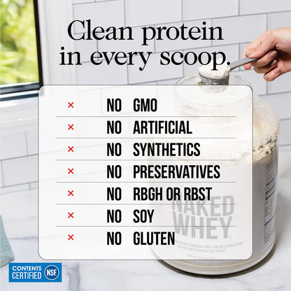 NAKED Whey 2LB 100% Grass Fed Whey Protein Powder - Only 1 Ingredient, Unflavored Whey Protein, NSF Certified, Undenatured, Gluten Free,