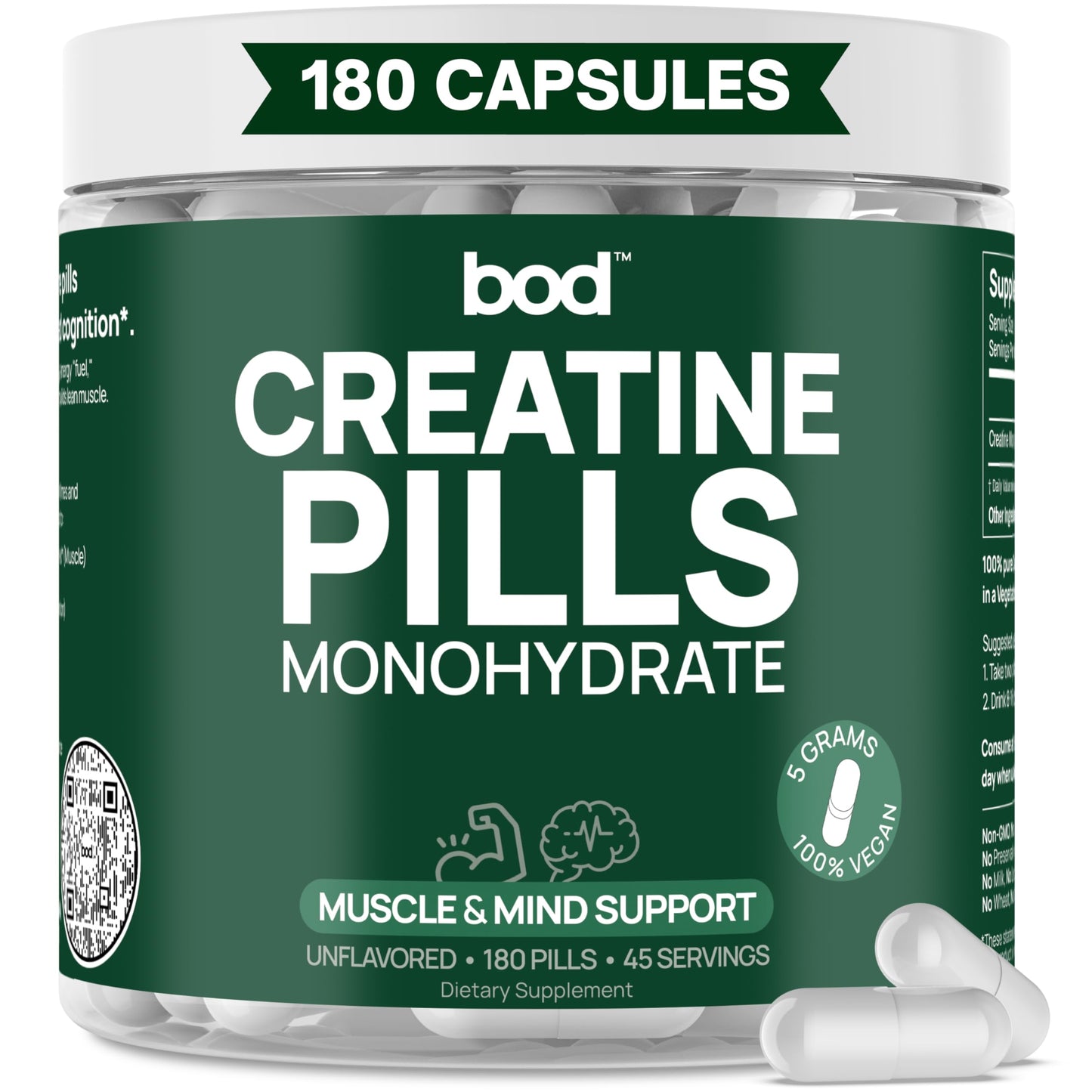 Bod Creatine Monohydrate Capsules – 45 Servings (4 Capsules = 5 g) – Ultra-Pure 200 Mesh Creatine Monohydrate – Strength
