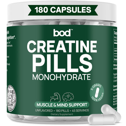 Bod Creatine Monohydrate Capsules – 45 Servings (4 Capsules = 5 g) – Ultra-Pure 200 Mesh Creatine Monohydrate – Strength