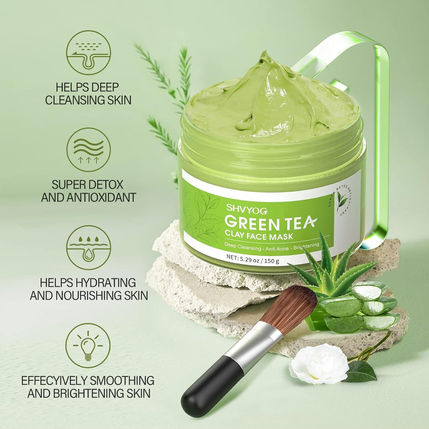SHVYOG Green Tea Face Mask, Antioxidant Green Tea Clay Mask with Volcanic Mud, Deep Cleansing & Moisturizing & Hydrating Clay Facial Mask