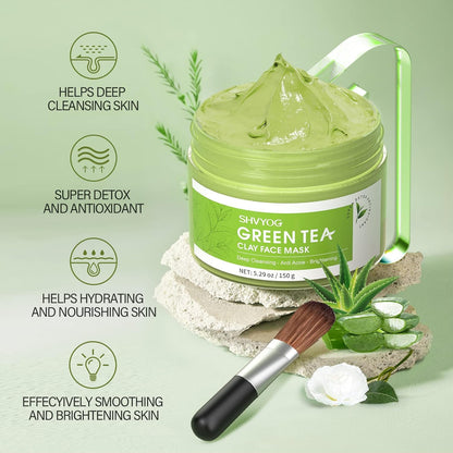 SHVYOG Green Tea Face Mask, Antioxidant Green Tea Clay Mask with Volcanic Mud, Deep Cleansing & Moisturizing & Hydrating Clay Facial Mask