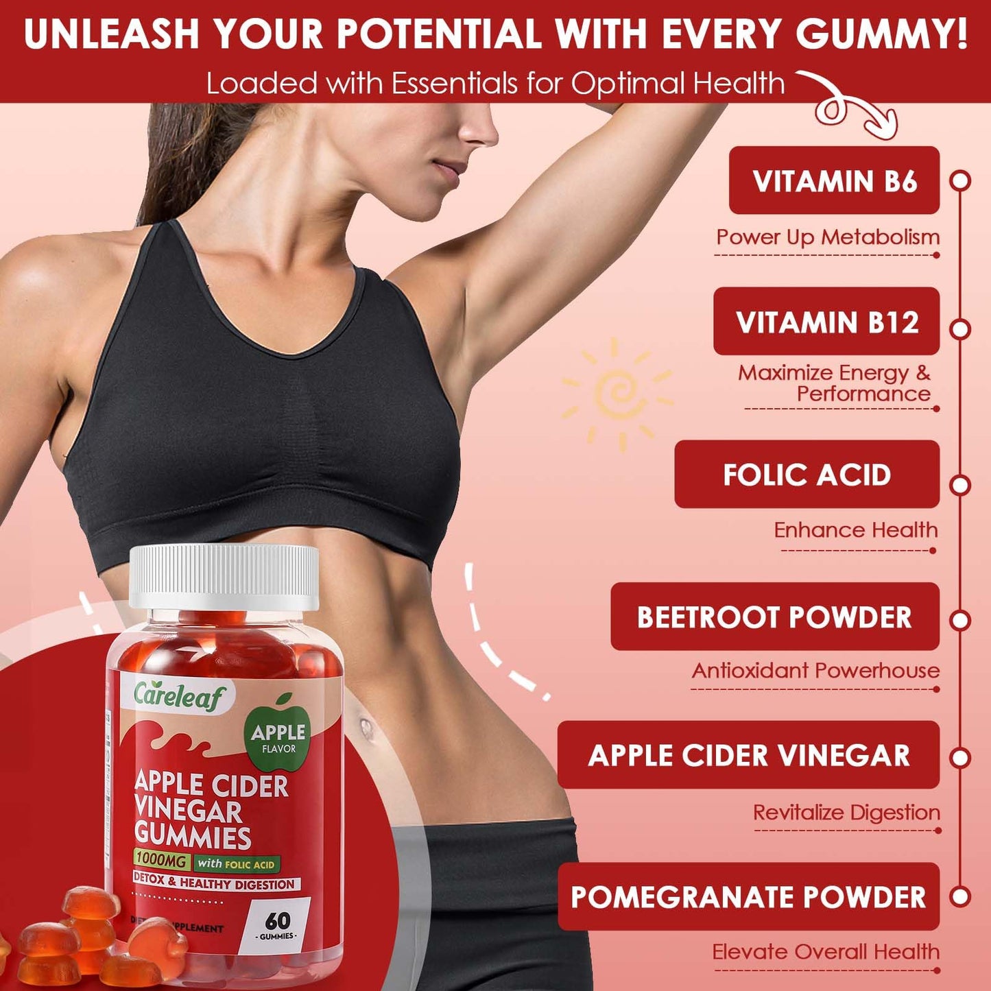 careleaf Apple Cider Vinegar Gummies, Metabolism Gummy with 1000mg AVC & Vitamin B6 Vitamin B12, ACV Gummies for Metabolism,