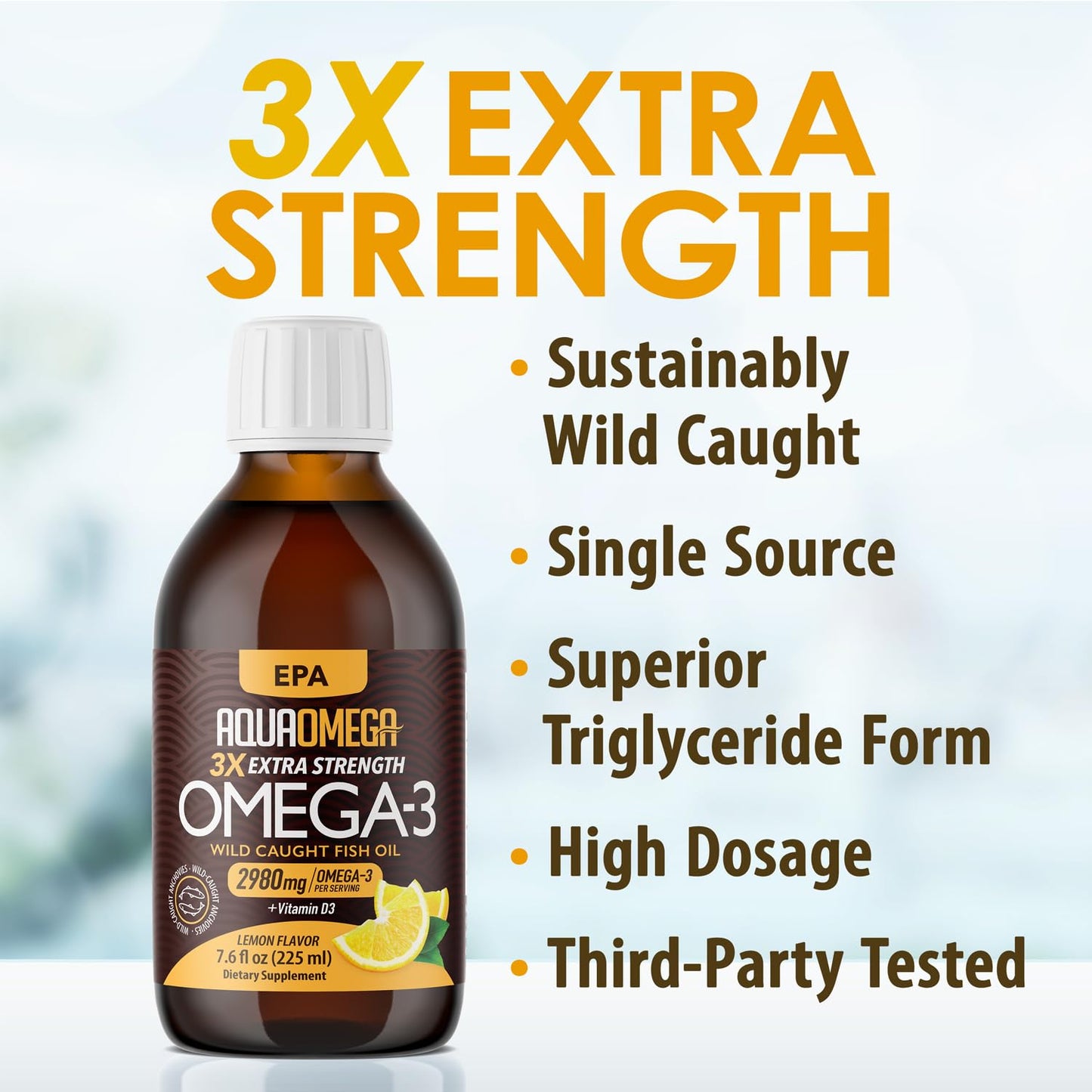 Triple Strength Omega 3 Fish Oil Supplements (2980mg), Wild Caught Fishoil, High EPA & DHA Liquid Fish Oil Omega 3 with Vitamin D, 2000mg EPA