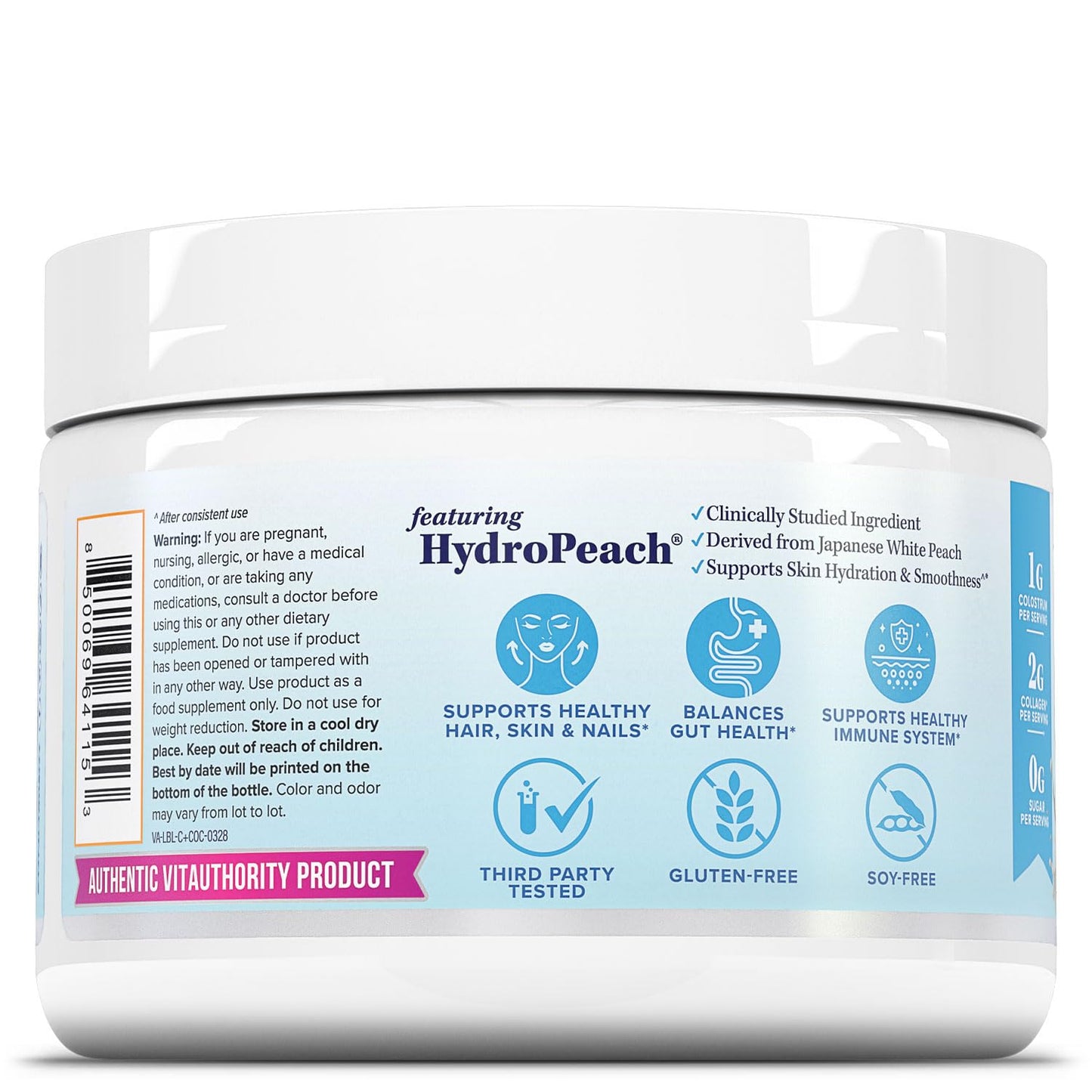 Colostrum Collagen Powder Hydrolyzed Peptide HydroPeach Gut Health Skin & Immune Support | 1g Bovine Colostrum, 2g Collagen Peptides, 20mg Peach Ceramides