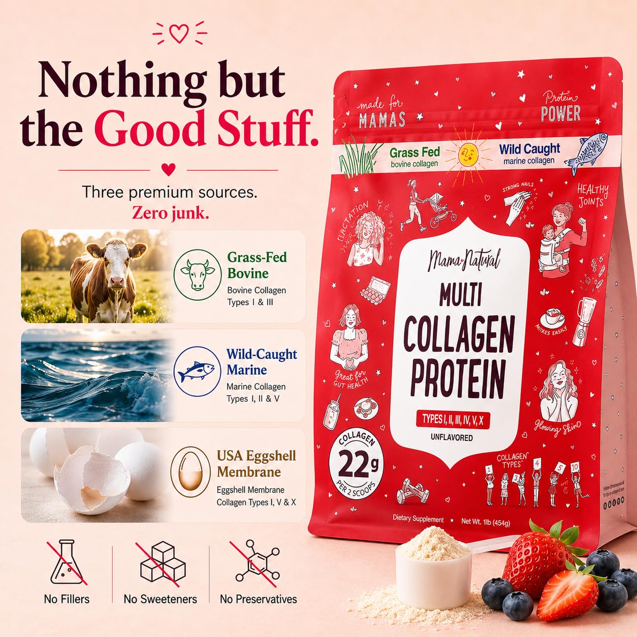 Multi Collagen Protein Powder Type I II III IV V X - Unflavored & Hydrolyzed 16Oz Pure Collagen Peptides Powder - Grass Fed Beef, Wild Fish Marine
