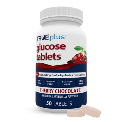 TRUEplus Glucose Tablets, Chewable, Cherry Chocolate Flavor, 15g Fast-Acting Carbohydrates, Dye Free, Gluten Free, No Fat, Boost Energy, 50 Count