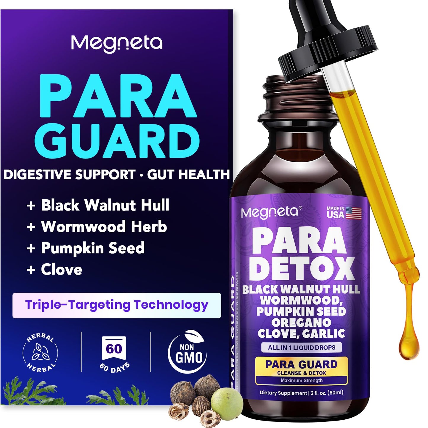 MEGNETA Wormwood Black Walnut Clove Cleanse for Humans- Herbal Gut Cleanse & Digestive Support with Garlic,