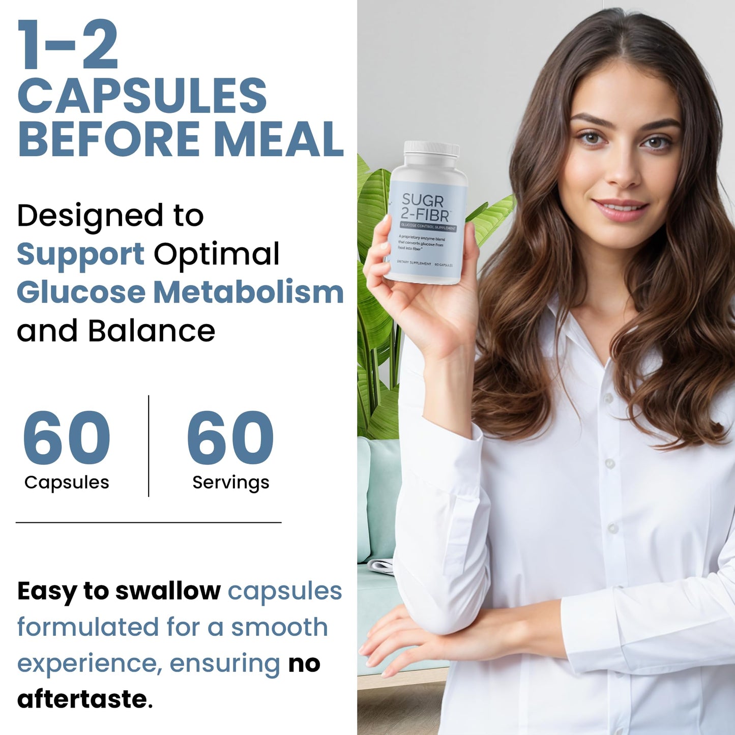 OPTIVIDA Sugr-2-Fibr - Natural Blood Sugar Support Supplement with Enzyme Technology - Glucose Support Supplement - Sugar to Fiber for Gut & Energy Levels