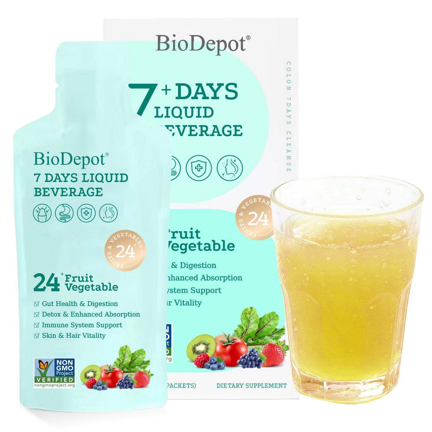Biodepot 7 Days Colon Cleanse Liquid Beverage Gut Health Detox & Clean for Women & Men, 24 Fruit Vegetable Complex Probiotic Drink for Bowel Movements,