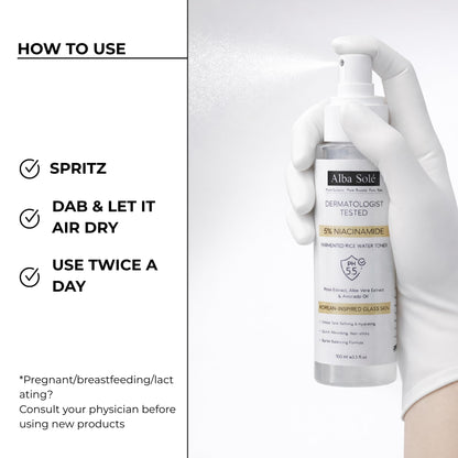 Alba Solé 5% Niacinamide Face Toner with Fermented Rice Water | pH 5.5 Balancing Toner | Hydrates, Refines Pores & Brightens for Glass Skin