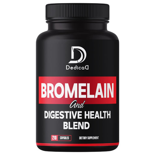 Black supplement bottle labeled 'Bromelain and Digestive Health Blend' with Dedica logo on a white background