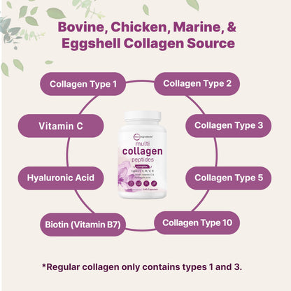 Micro Ingredients 2 Pack Multi Collagen Pills for Women & Men, 480 Capsules | Type I, II, III, V, X | Hydrolyzed Protein Peptides with Biotin,