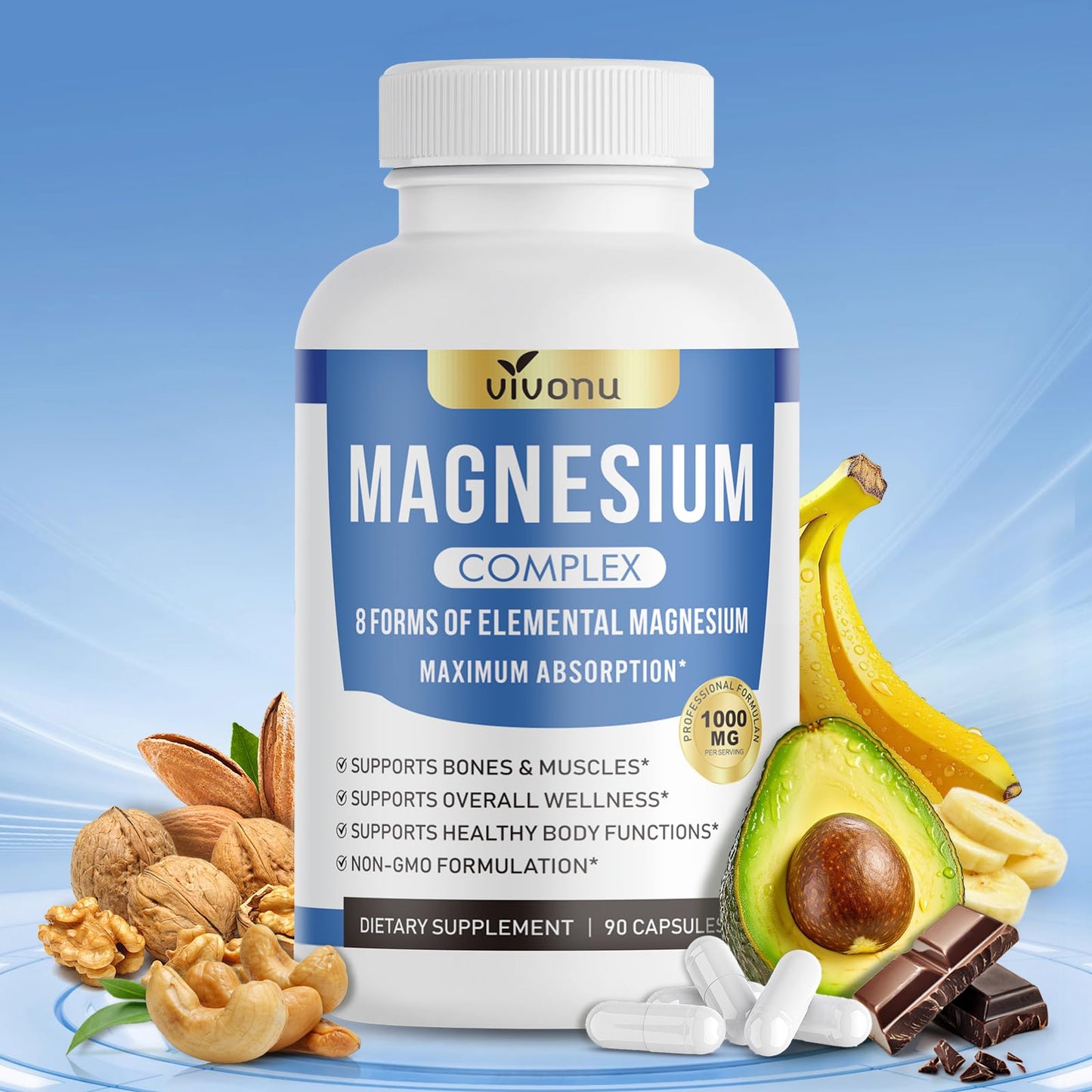 1000mg Magnesium Complex for Women & Men*, 8 Elemental with Magnesium Glycinate, Citrate, Malate, Taurate, Oxide, Carbonate, Aspartate, Orotate for Bones, Muscle