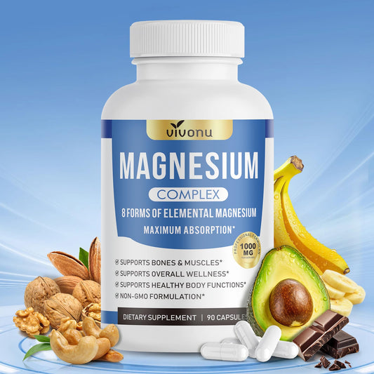 Vivonu magnesium supplement bottle with health benefits on a blue background