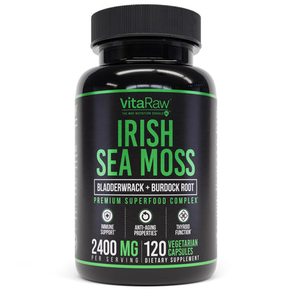 VitaRaw Organic Irish Sea Moss Capsules 2400 mg - Burdock Root and Bladderwrack Powder Real Seamoss Pills for Immune Support, Joint and Gut Health Help