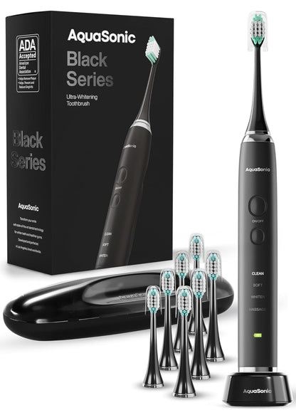 Aquasonic Black Series Ultra Whitening Toothbrush – ADA Accepted Electric Toothbrush- 8 Brush Heads & Travel Case – 40,000 VPM Electric Motor & Wireless