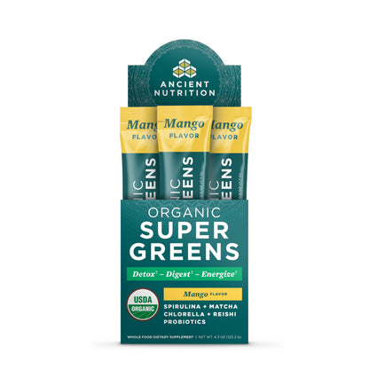 Ancient Nutrition SuperGreens Powder with Probiotics, Organic Mango Flavor Greens, Made from Real Fruits, Vegetables and Herbs, Digestive and Energy Support, 16 Stick Packs, 4.3oz Ancient NutritionBuy Supplements Australia