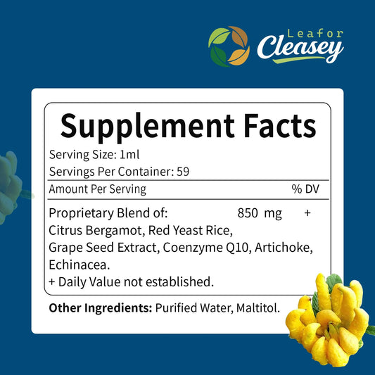 LeaforClensey Citrus Bergamot Liquid Drops for High Cholesterol, Bergamot Extract Blend Supplements with Red Yeast Rice & CoQ10 for Heart