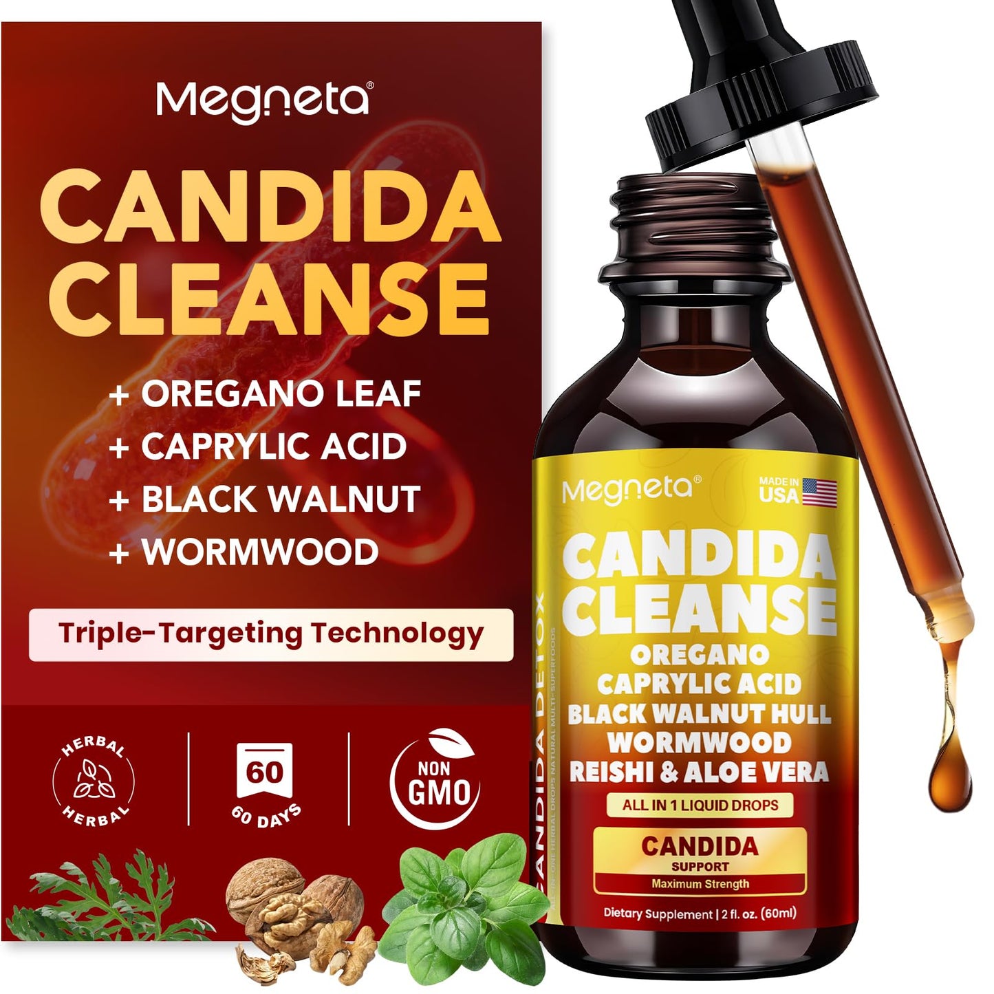 Candida Cleanse Detox with Triple-Targeting Technology, All-in-1 Synergy Formula with Caprylic Acid, Oregano, Black Walnut & Wormwood – Yeast Detox, Gut Health