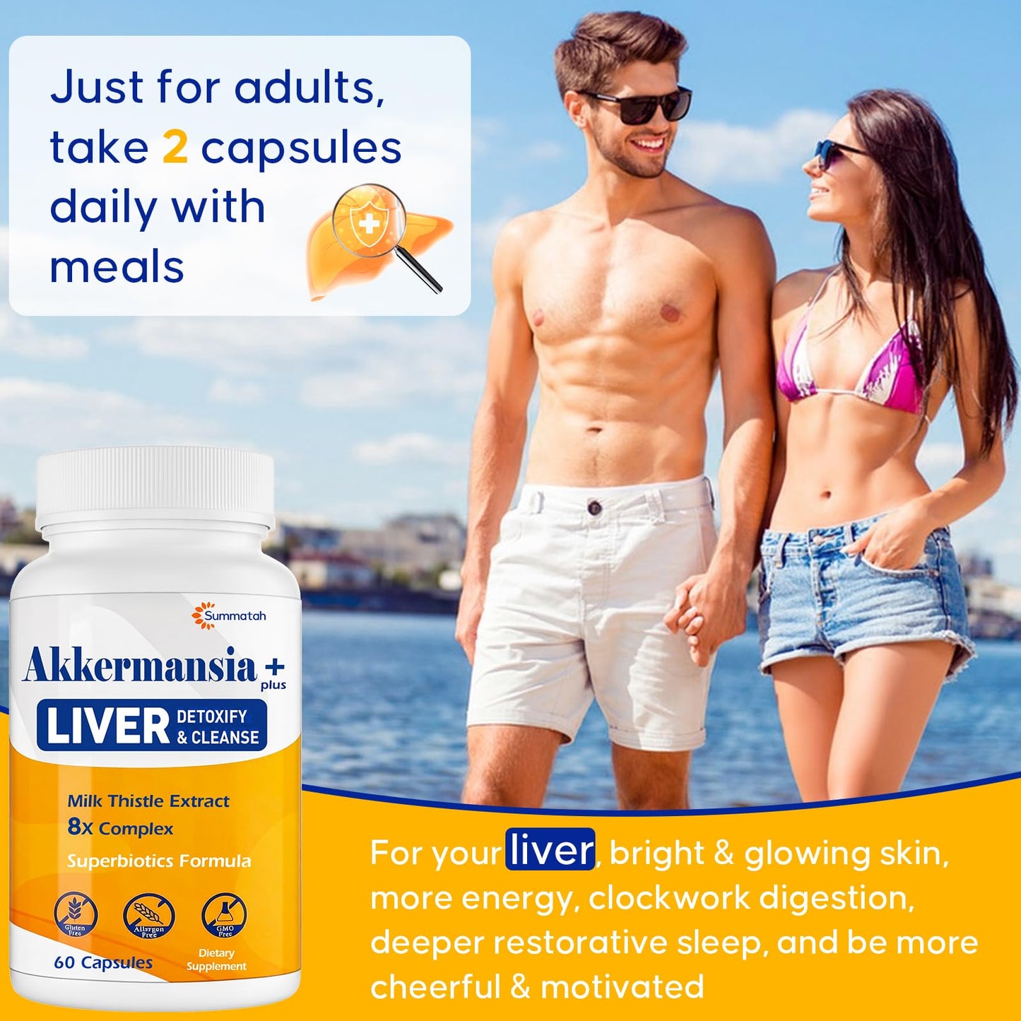 Liver Detoxify Repair & Cleanse, 20 Billion Afu Akkermansia Probiotic with Milk Thistle, Dandelion & Turmeric, 8-in-1 Herbal Formula for Liver Support & Renew,