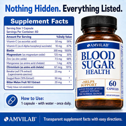 AMVILAB Blood Sugar Health Natural 20 Herbs and Vitamins with Cinnamon, Alpha Lipoic Acid to Support Health, Non-GMO, for Men Women, Supports Healthy Energy Levels