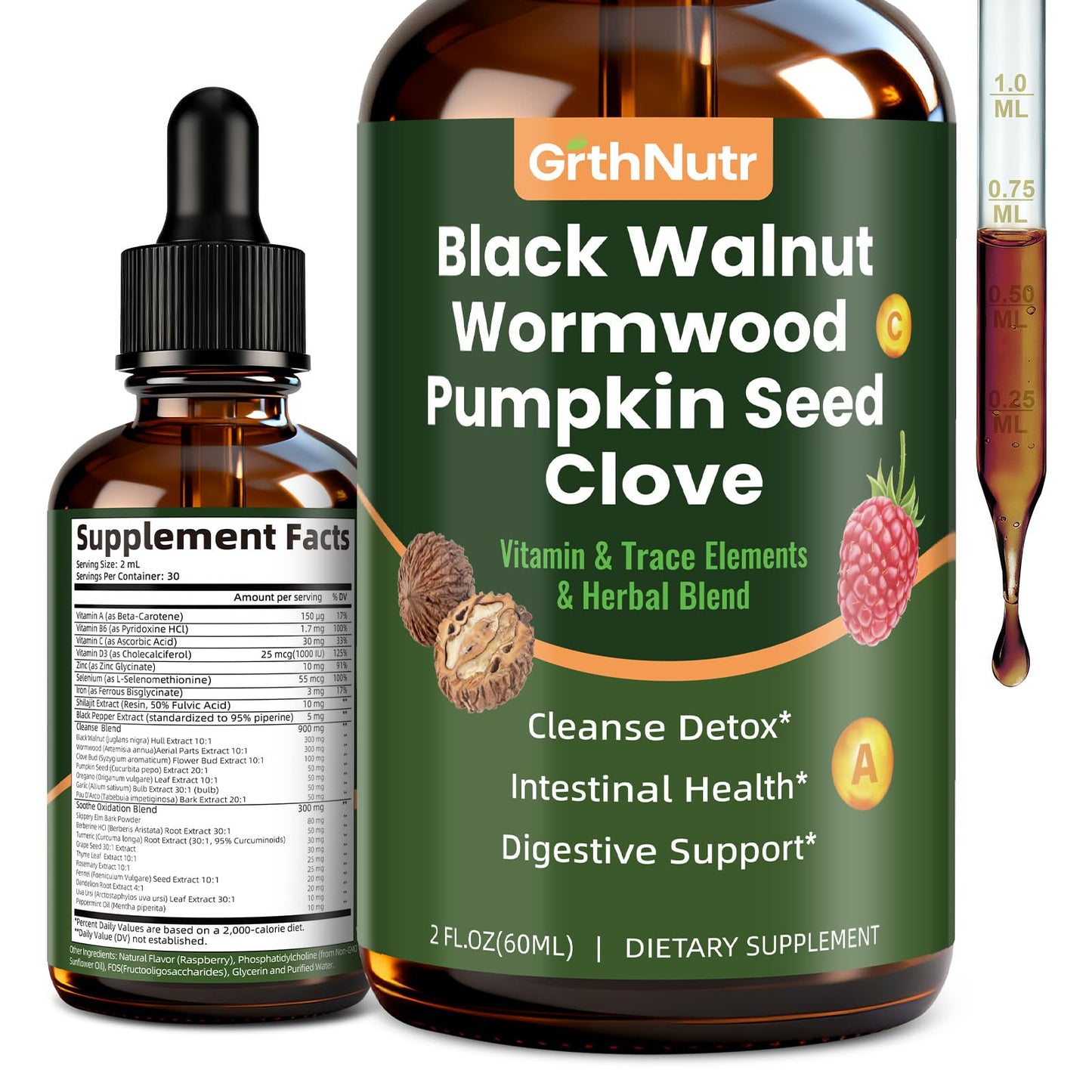 GrthNutr Black Walnut Wormwood Clove Tinture Cleanse for Humans - Gut Detox & Intestinal Health Digestive Support with Pumpkin, Oregano, Garlic Bulb