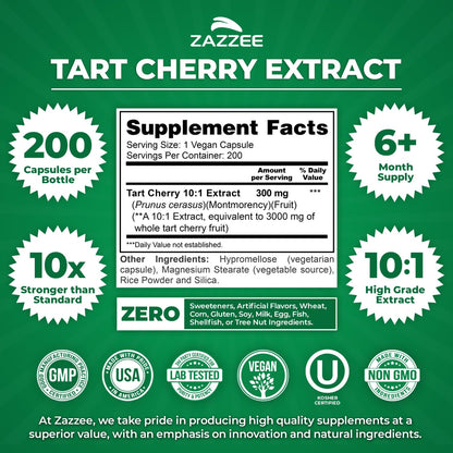 Zazzee Tart Cherry 10:1 Extract, 200 Vegan Capsules, 6+ Month Supply, Montmorency Cherry, Certified Kosher, Joint & Uric Acid Support, Antioxidant Support Formula,