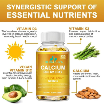 Extra Strength 4-in-1 Calcium 600mg + Vitamin D3 5000iu + K2 + B12 Natural Supplement Complex for Bone and Immune Health, 2 Month Supply, 120 Softgels
