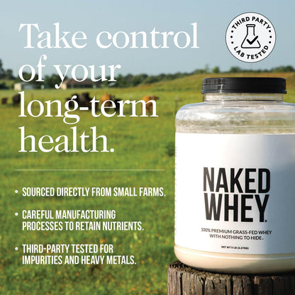 NAKED Whey 2LB 100% Grass Fed Whey Protein Powder - Only 1 Ingredient, Unflavored Whey Protein, NSF Certified, Undenatured, Gluten Free,