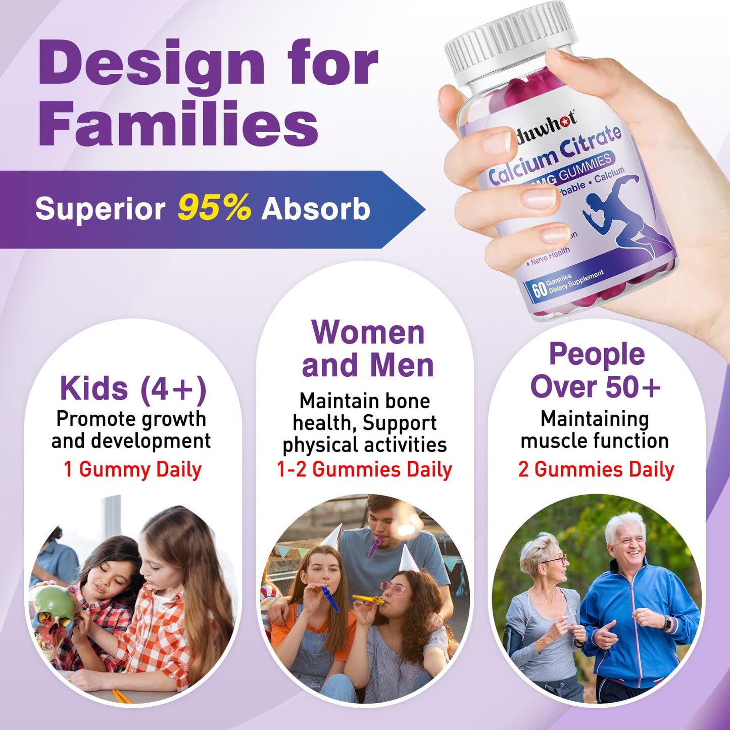 duwhot Calcium Citrate Gummies, Chewable Calcium Citrate 1000mg For Bone, Muscle & Immune Support, High Absorption Calcium Supplements for Women & Men