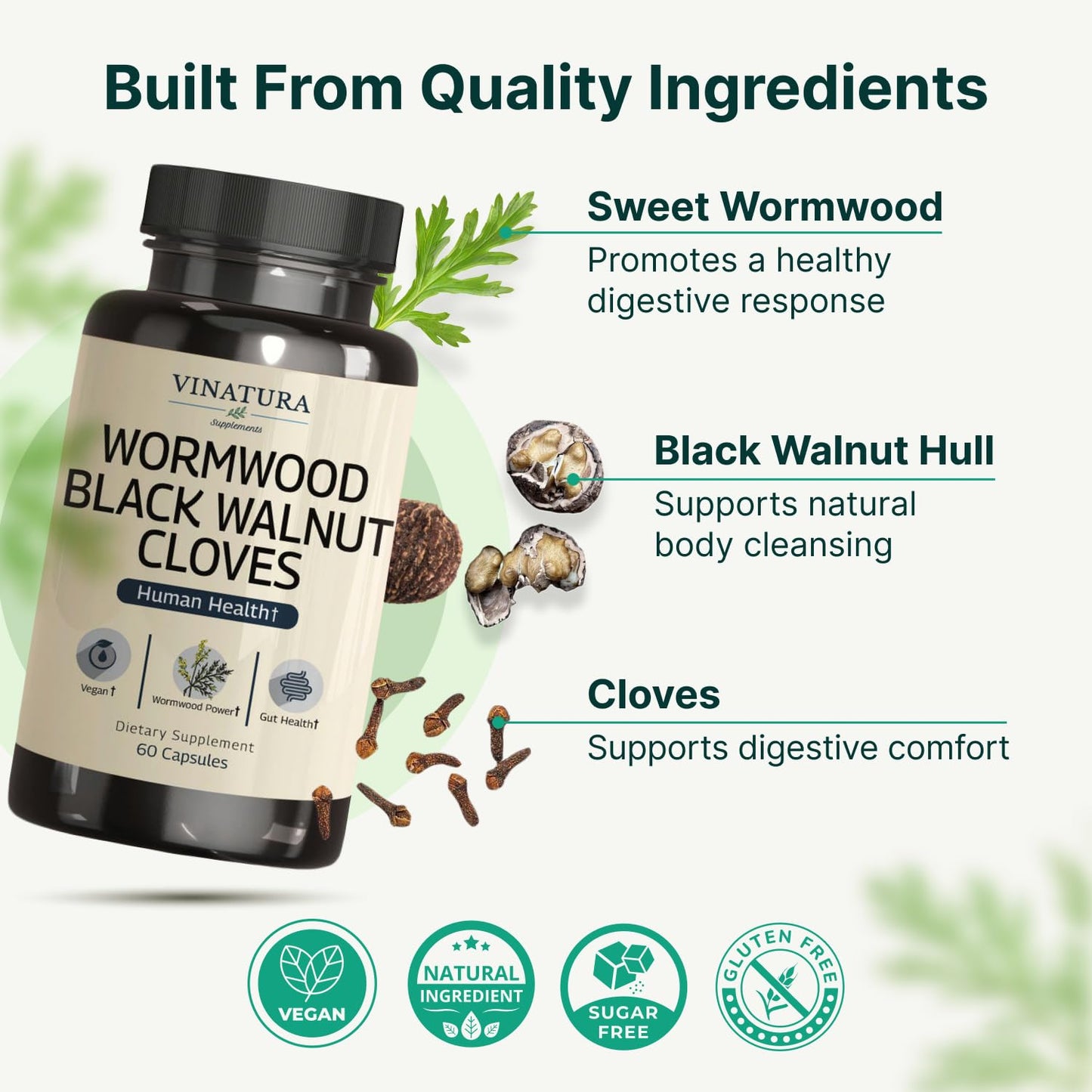 VINATURA Wormwood Black Walnut Clove Capsules - Cleanse, Detox, Intestinal Guard Formula Supplement for Humans, with Wormwood herb