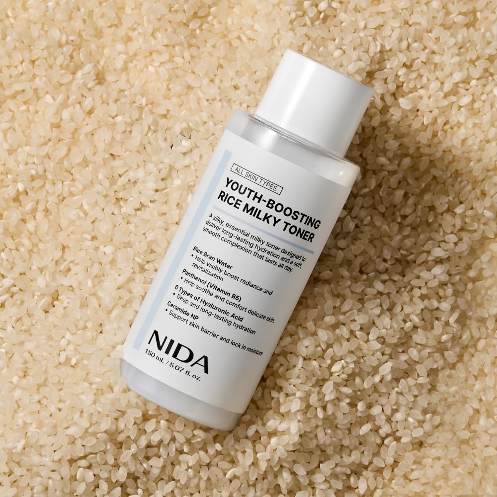 NIDA Youth-boosting Rice Milky Toner, for Glass Skin | Rice Bran Extract, Niacinamide, Ceramide NP, Panthenol | Deep Moisturizing, Hydrating and Refreshing