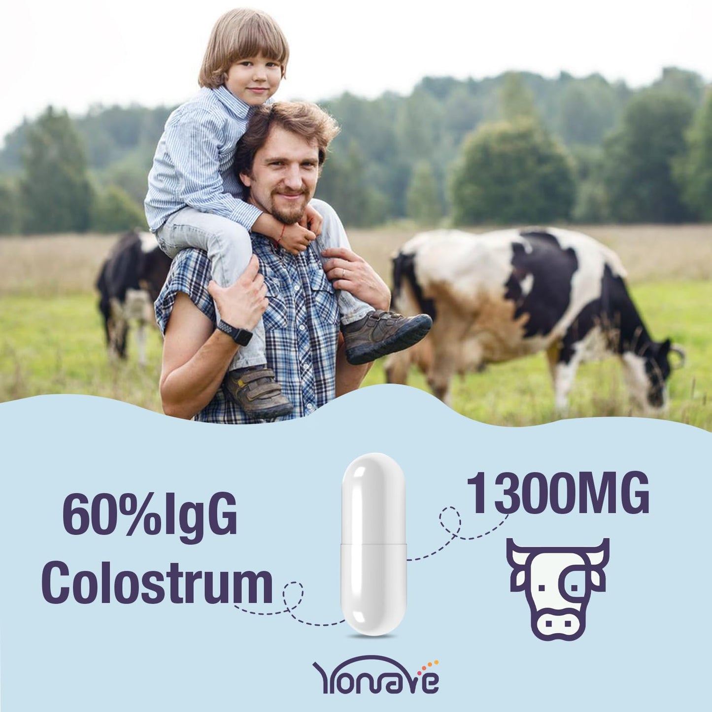 Yonrave Bovine Colostrum Capsules Supplement 1300mg - Extra High 60% IgG Bovine Colostrum - Gut, Bone, Exercise, Immune - 60 Capsules