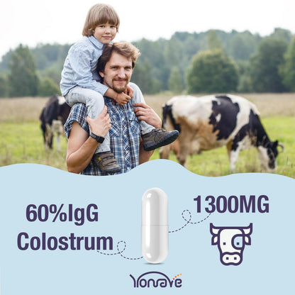 Yonrave Bovine Colostrum Capsules Supplement 1300mg - Extra High 60% IgG Bovine Colostrum - Gut, Bone, Exercise, Immune - 60 Capsules
