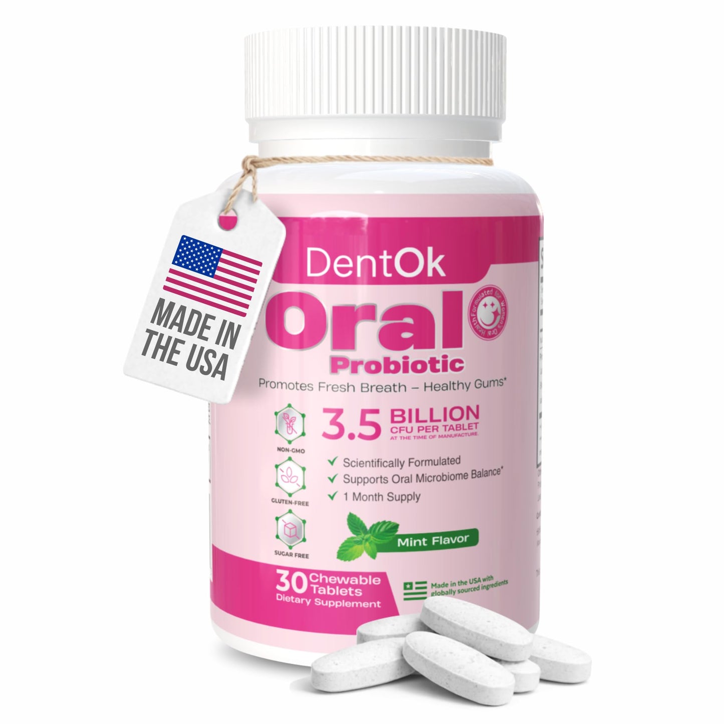 Oral Probiotics for Bad Breath & Gum Health – Dental Probiotic Chewable Mint Tablets, Sugar-Free, Gluten-Free – Made in USA – 30-Day Supply - DentOk
