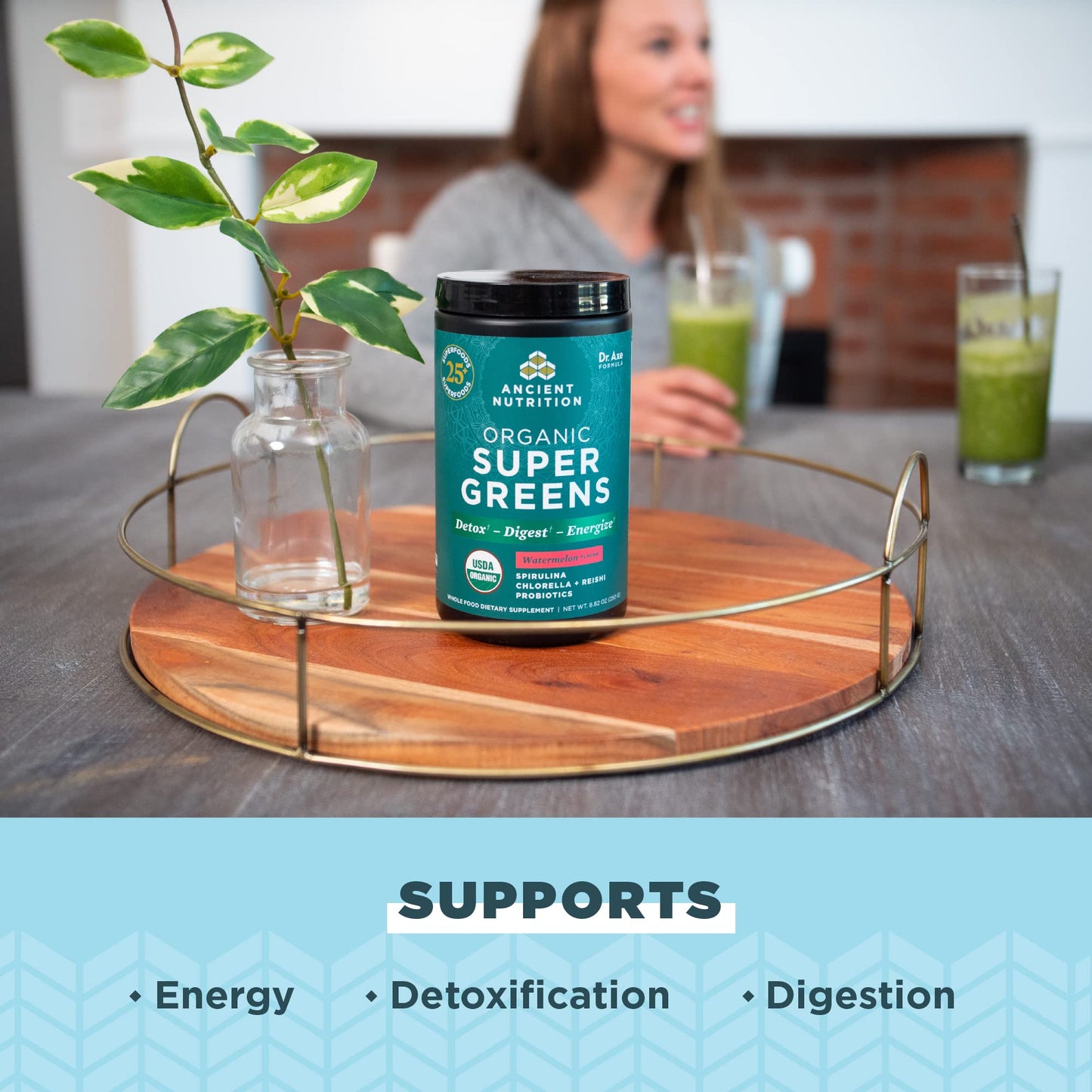 Ancient Nutrition SuperGreens Powder with Probiotics, Organic Watermelon Flavor Greens, Made from Real Fruits, Vegetables and Herbs, for Digestive